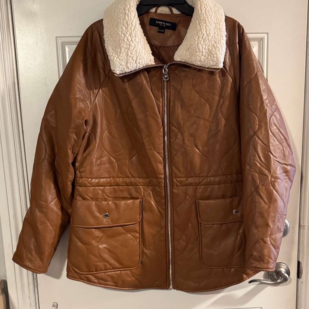 Kenneth Cole Brown Leather Jacket with Cream Collar
